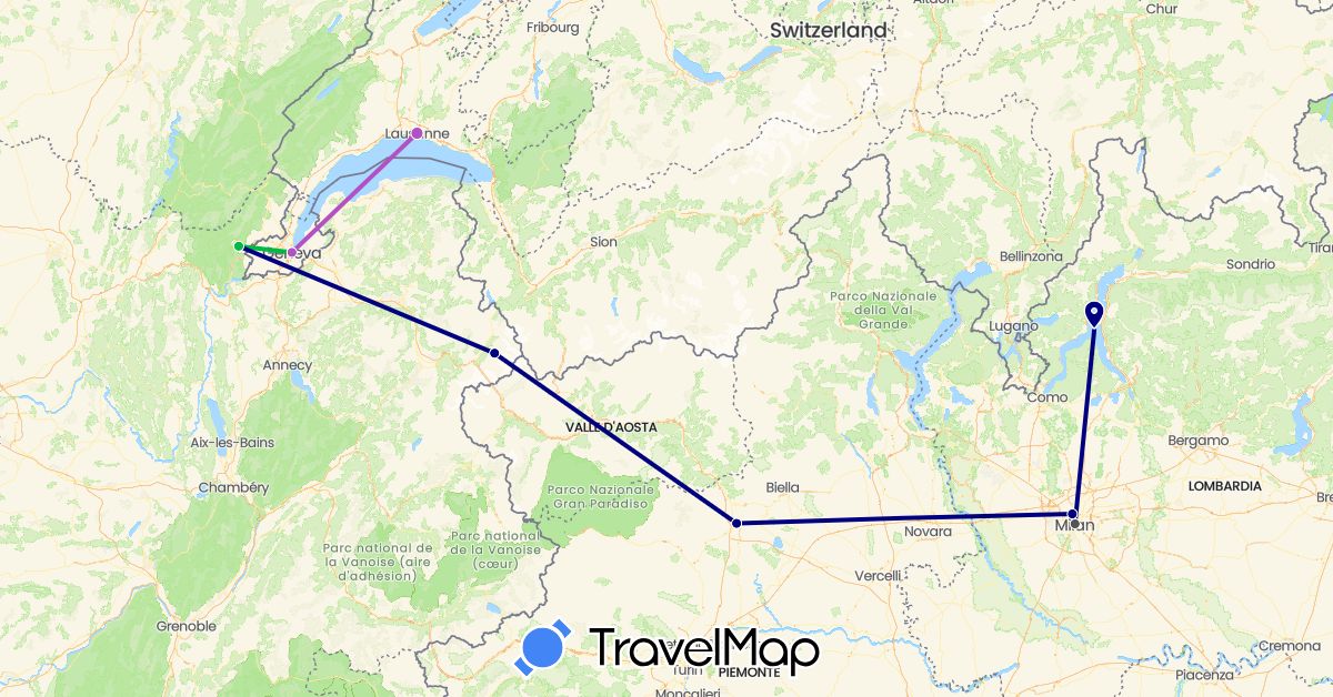 TravelMap itinerary: driving, bus, train, motorbike in Switzerland, France, Italy (Europe)